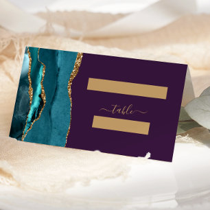 Chic Teal Gold Agate Purple Wedding Place Card