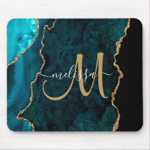 Chic Teal Gold Agate Script Custom Monogram Mouse Mat