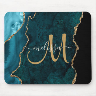 Chic Teal Gold Agate Script Custom Monogram Mouse Mat