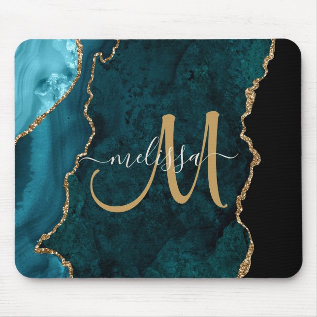 Chic Teal Gold Agate Script Custom Monogram Mouse Mat (Front)
