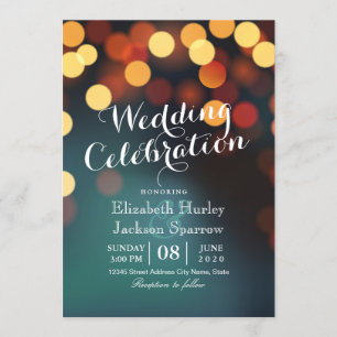 Chic Teal Gold Bokeh Glitter String Lights Wedding Invitation