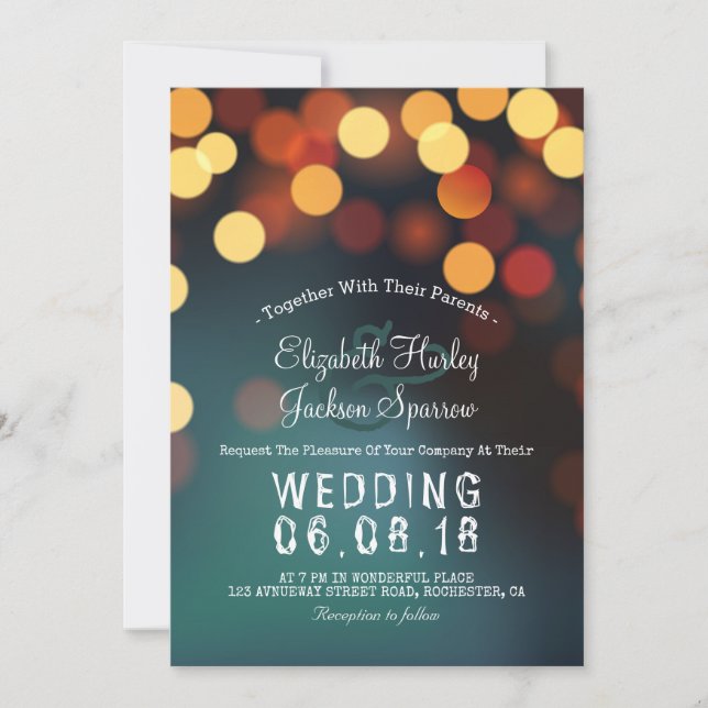 Chic Teal Gold Bokeh Glitter String Lights Wedding Invitation (Front)