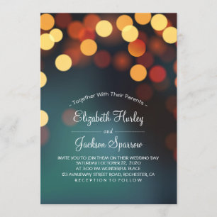 Chic Teal Gold Bokeh Glitter String Lights Wedding Invitation