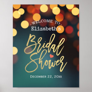 Chic Teal Gold Bokeh Lights Bridal Shower Welcome Poster