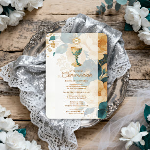 Chic Teal Gold First Holy Communion LPM26 Invitation