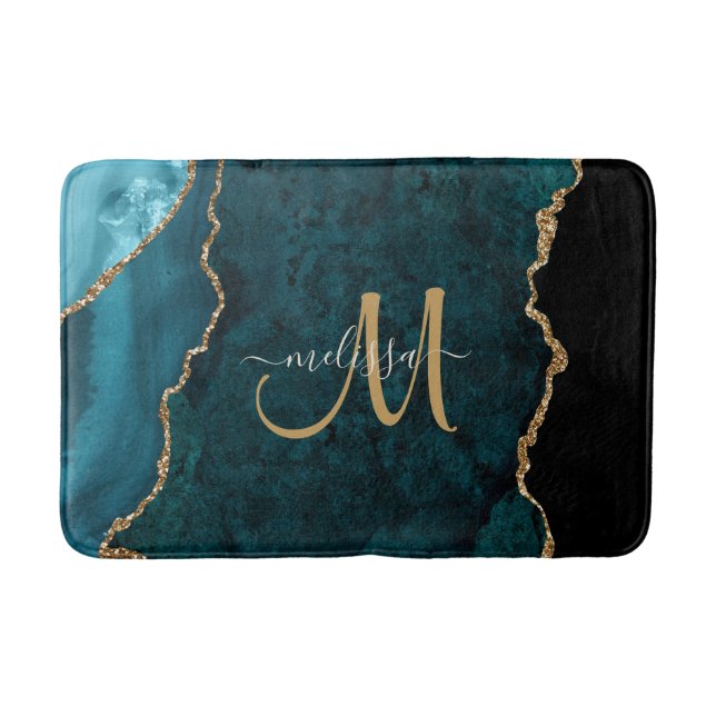 Chic Teal Gold Glitter Agate Custom Monogram Bath Mat (Front)