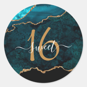 Chic Teal Gold Glitter Agate Custom Monogram Classic Round Sticker