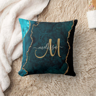 Chic Teal Gold Glitter Agate Custom Monogram Cushion