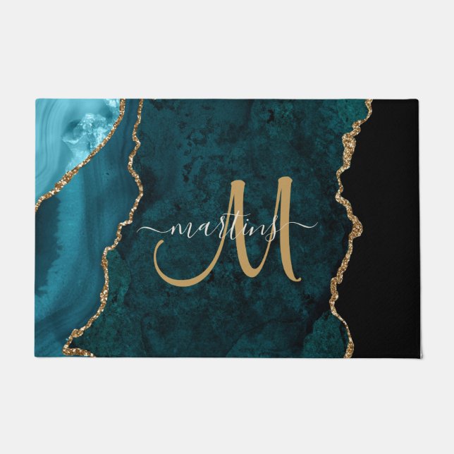 Chic Teal Gold Glitter Agate Custom Monogram Doormat (Front)