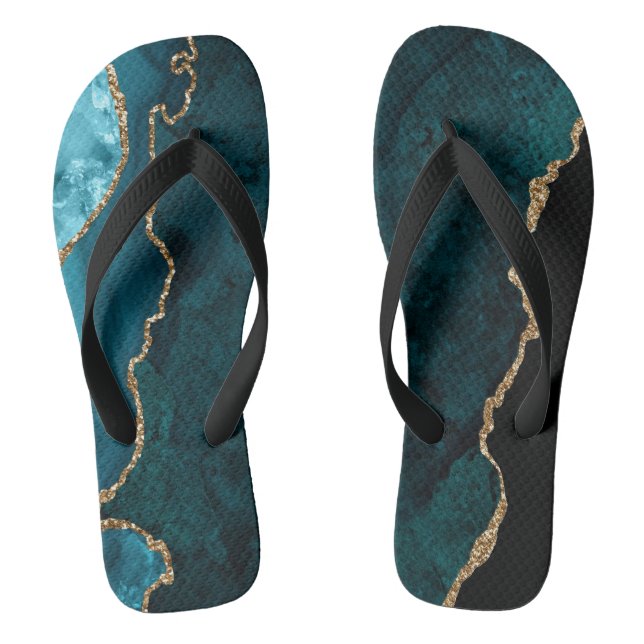 Chic Teal Gold Glitter Agate Custom Monogram Flip Flops (Footbed)