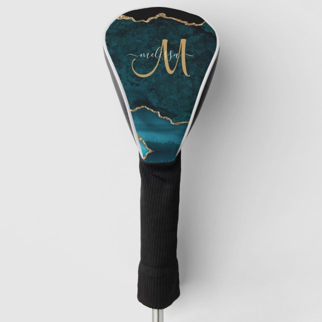 Chic Teal Gold Glitter Agate Custom Monogram Golf Head Cover (Front)