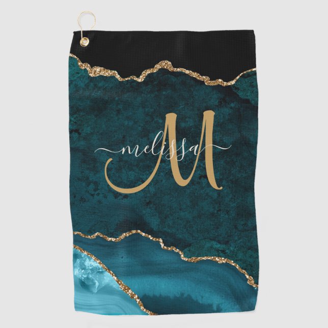 Chic Teal Gold Glitter Agate Custom Monogram Golf Towel (Front)