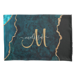 Chic Teal Gold Glitter Agate Custom Monogram Pillowcase