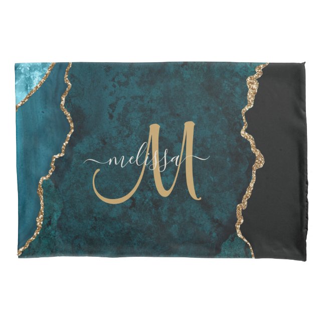 Chic Teal Gold Glitter Agate Custom Monogram Pillowcase (Front)