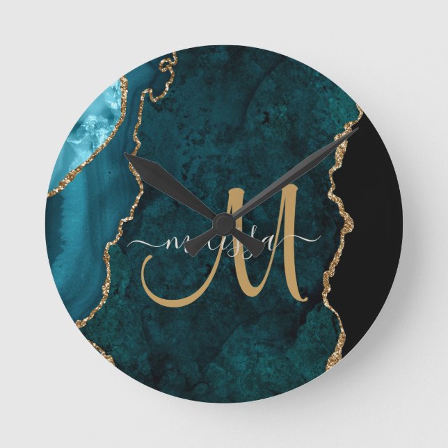 Chic Teal Gold Glitter Agate Custom Monogram Round Clock (Front)
