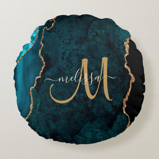 Chic Teal Gold Glitter Agate Custom Monogram Round Cushion (Front)