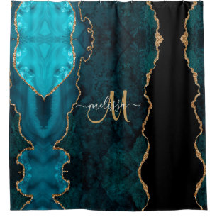 Chic Teal Gold Glitter Agate Custom Monogram Shower Curtain