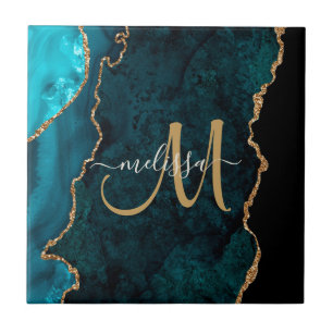 Chic Teal Gold Glitter Agate Custom Monogram Tile