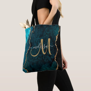 Chic Teal Gold Glitter Agate Custom Monogram Tote Bag