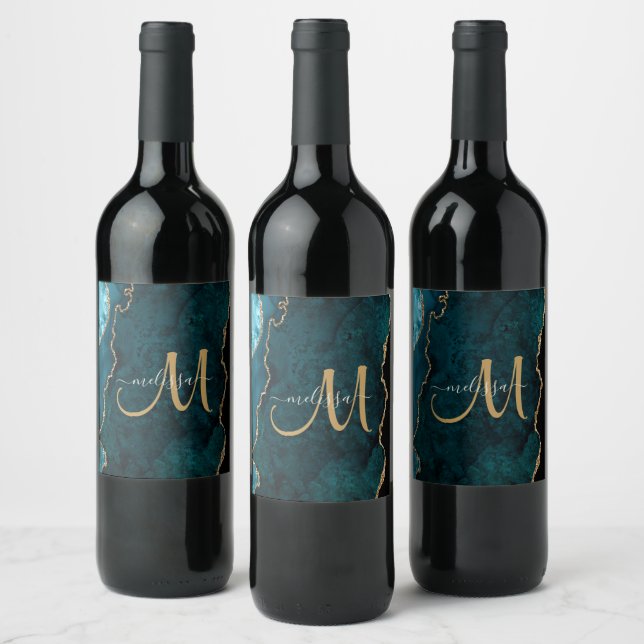Chic Teal Gold Glitter Agate Custom Monogram Wine Label (Bottles)
