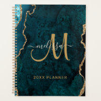 Chic Teal Gold Glitter Agate Monogram 2024