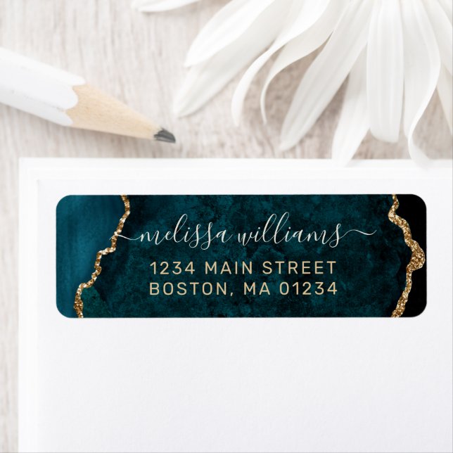 Chic Teal Gold Glitter Agate Monogram Address (Insitu)