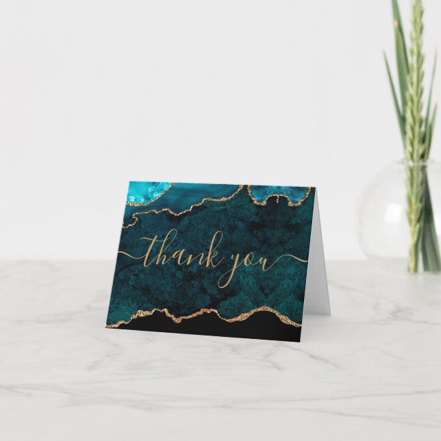 Chic Teal Gold Glitter Agate Monogram Thank You Card (Front)