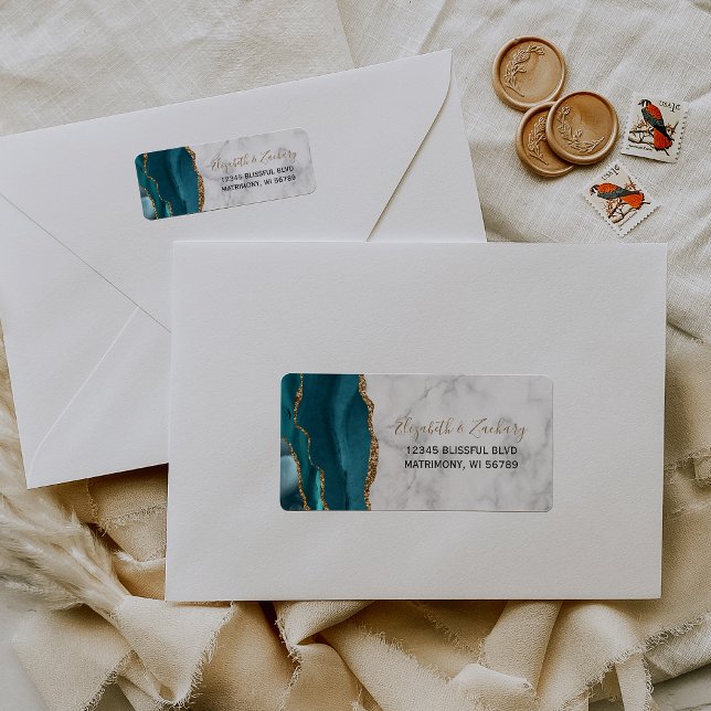 Chic Teal Gold Marble Wedding Return Address (Creator Uploaded)