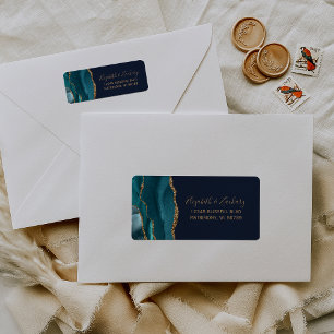 Chic Teal Gold Navy Blue Wedding Return Address