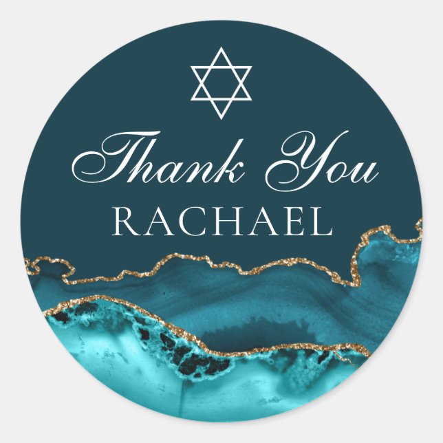 Chic Teal Gold Personalised Bat Mitzvah Thank You Classic Round Sticker (Front)