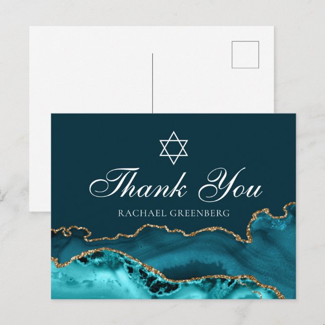 Chic Teal Gold Personalised Bat Mitzvah Thank You Postcard (Front/Back)