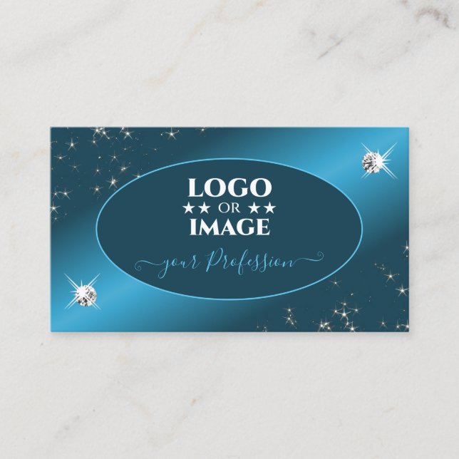 Chic Teal Gradient Glitter Stars Diamonds Add Logo Business Card (Front)