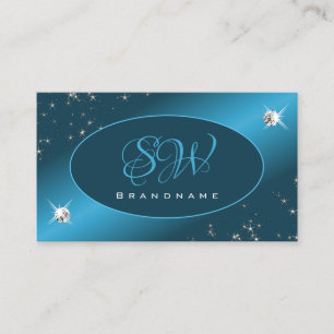Chic Teal Gradient Glitter Stars Diamonds Initials Business Card
