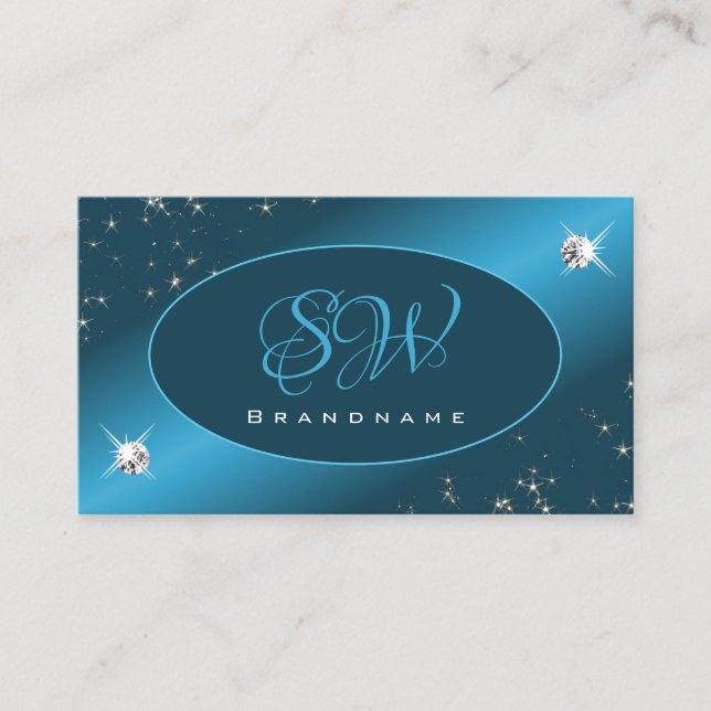 Chic Teal Gradient Glitter Stars Diamonds Initials Business Card (Front)