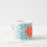 Chic teal greek key geometric patterns monogram espresso cup<br><div class="desc">Chic bold modern elegant stylish decorative greek key teal blue and orange geometric abstract pattern design, the cute contemporary modern Greek key abstract geometric pattern in teal blue and orange give this bold clean design a contemporary and classic look. Cool unique gifts for her. Custom the personalised monogram with your...</div>