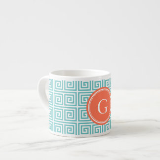 Chic teal greek key geometric patterns monogram espresso cup