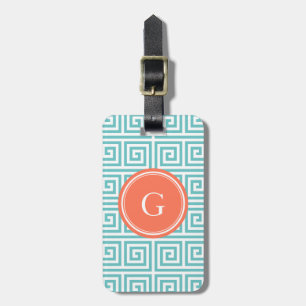 Chic teal greek key geometric patterns monogram luggage tag