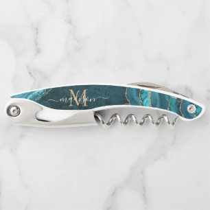 Chic Teal Green Gold Glitter Agate Geode Monogram Corkscrew