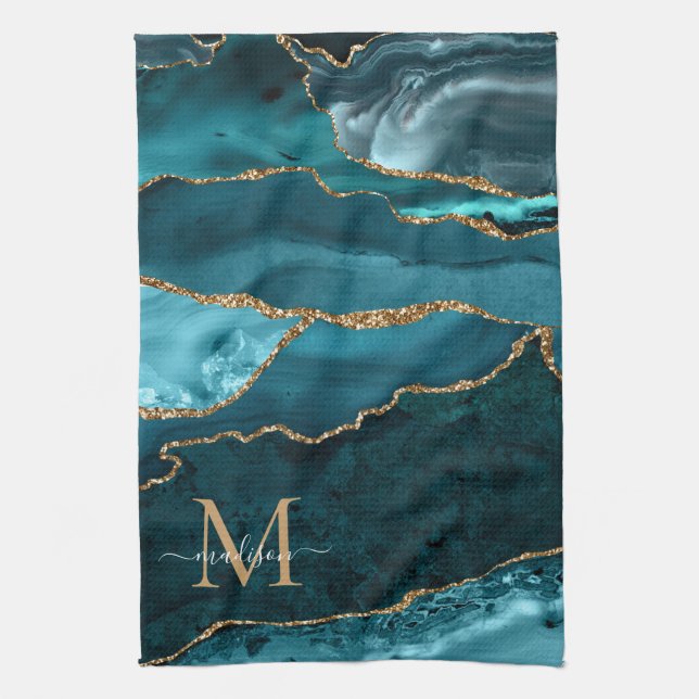 Chic Teal Green Gold Glitter Geode Marble Monogram Tea Towel (Vertical)