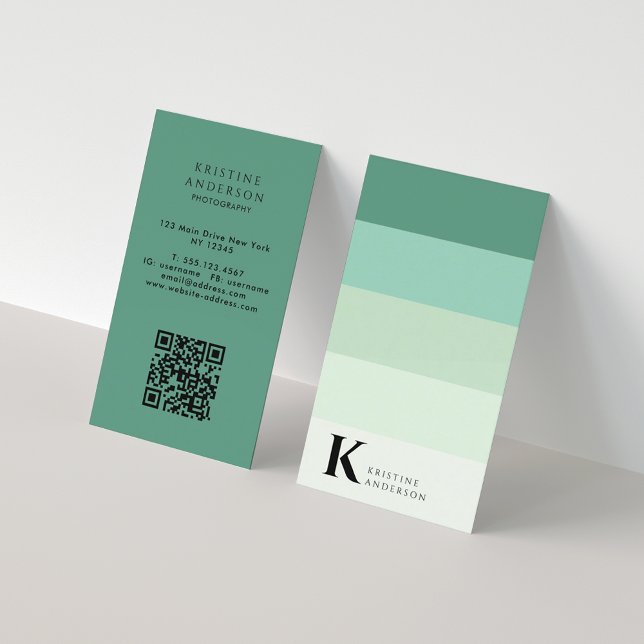 Chic Teal Green Ombre Classic Monogram QR Code Business Card (Creator Uploaded)