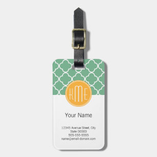 Chic Teal Green Quatrefoil with Yellow Monogram Luggage Tag