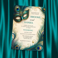 Chic Teal Peacock Feather Masquerade Wedding