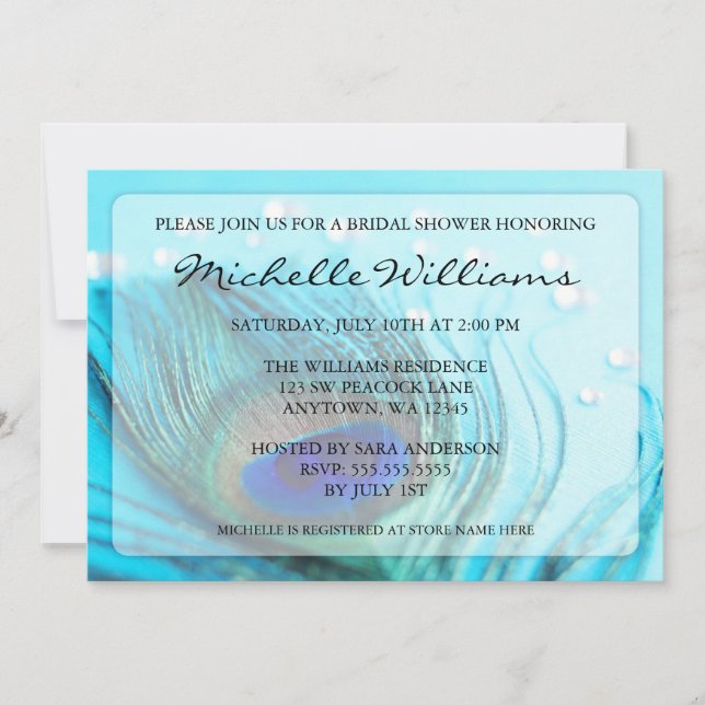 Chic Teal Peacock Jewels Bridal Shower Invitations (Front)