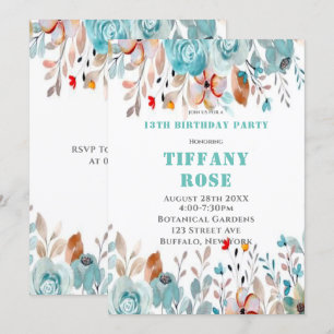 Chic Teal Peony 13th Birthday Party Invites