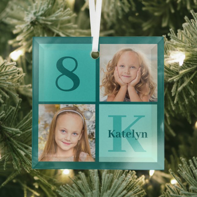 Chic Teal Photo Collage Personalized Christmas Glass Tree Decoration (Insitu)