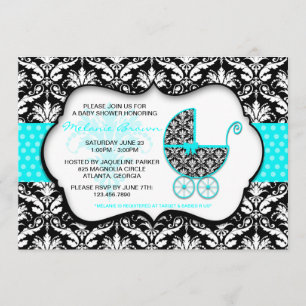 Chic Teal Polka Dot Damask Baby Shower Invite