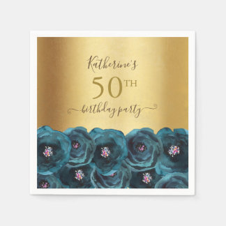 Chic Teal Rose Floral Gold 50th Birthday Party Napkin