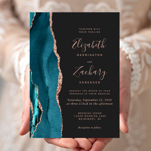 Chic Teal Rose Gold Agate Dark Wedding Invitation (Creator Uploaded)