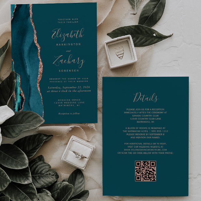 Chic Teal Rose Gold Agate QR Code Wedding Invitation (Creator Uploaded)