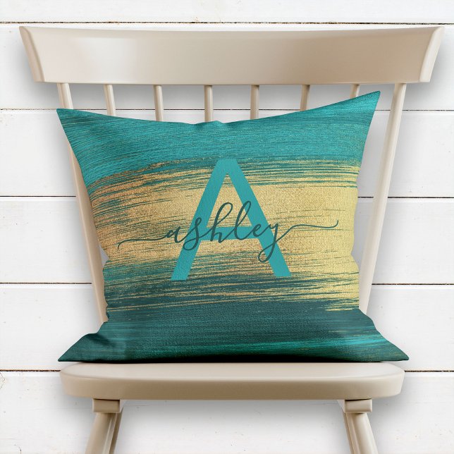 Chic Teal & Rose Gold Foil Name Monogram Cushion (Creator Uploaded)